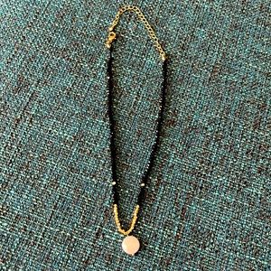 Adjustable, black and gold bead necklace with pearl drop